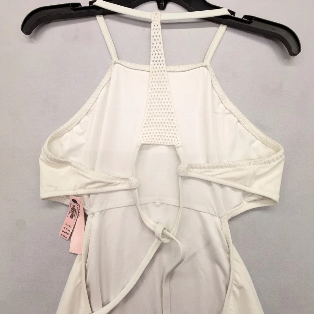 Victorias Secret High Neck Cutout One Piece Swimsuit White XL Crochet Back NEW
